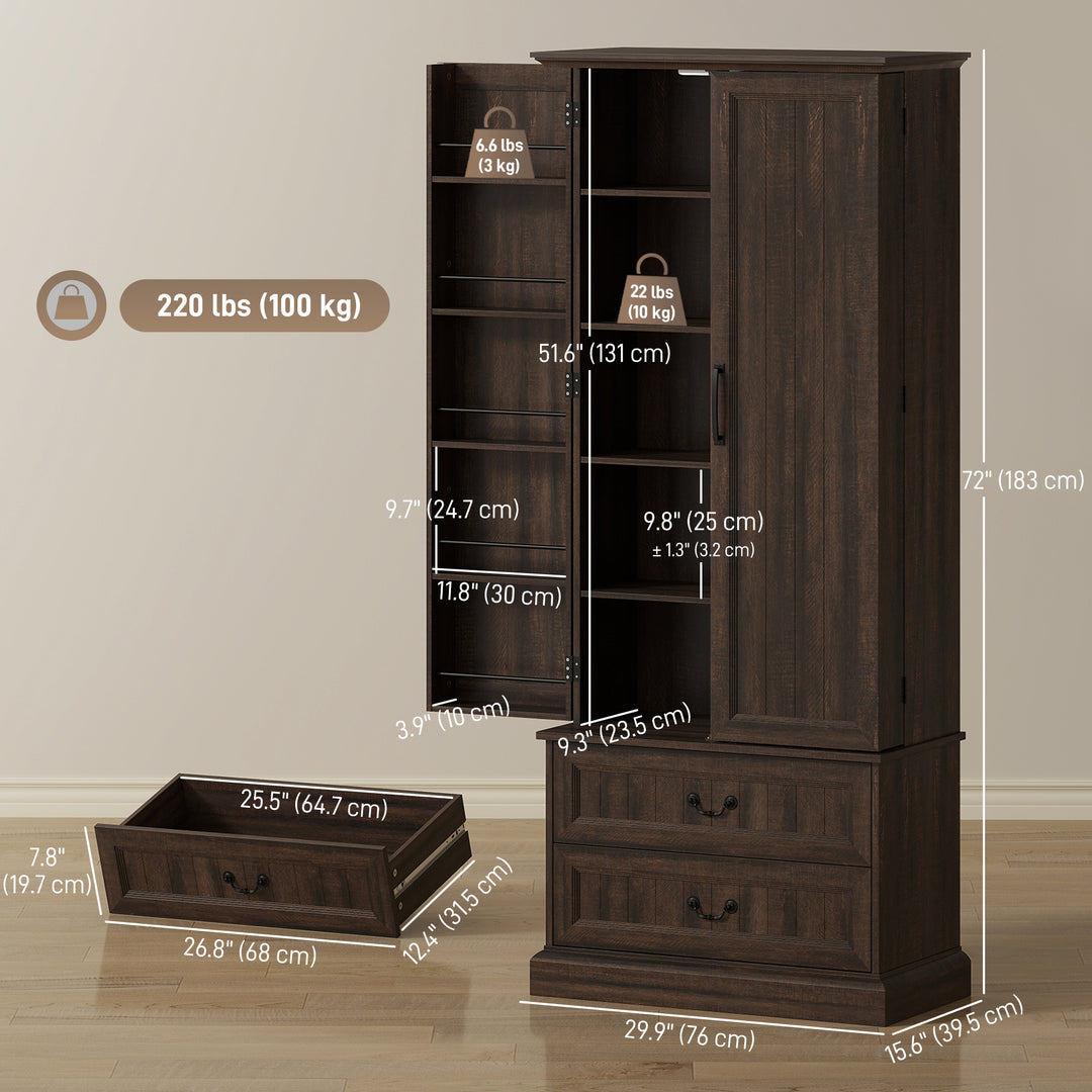 HOMCOM 72" LED Kitchen Pantry Cabinet, Buffet Storage Cabinet with 10 Door Shelves, 2 Drawers and Adjustable Shelves, White