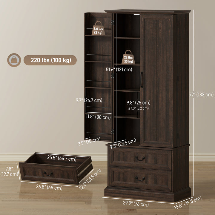 HOMCOM 72" LED Kitchen Pantry Cabinet, Buffet Storage Cabinet with 10 Door Shelves, 2 Drawers and Adjustable Shelves, White