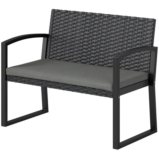 Outsunny 2 Seater Outdoor Bench, Rattan Garden Bench Loveseat with Cushion, Armrests, Steel Frame for Patio, Porch, Light Grey