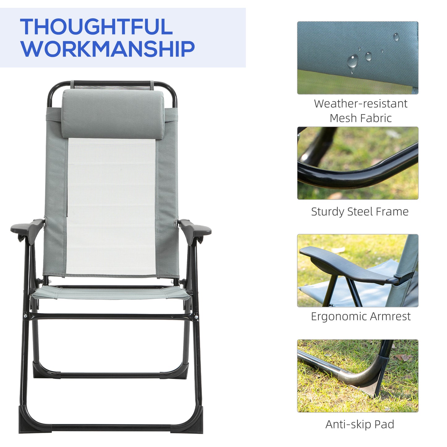 Outsunny Set of 4 Camping Chairs, Outdoor Folding Lounge Chair Set with 5 Level Adjustable Backrest, Removable Headrest, Armrest for Camping, Backyard, Black
