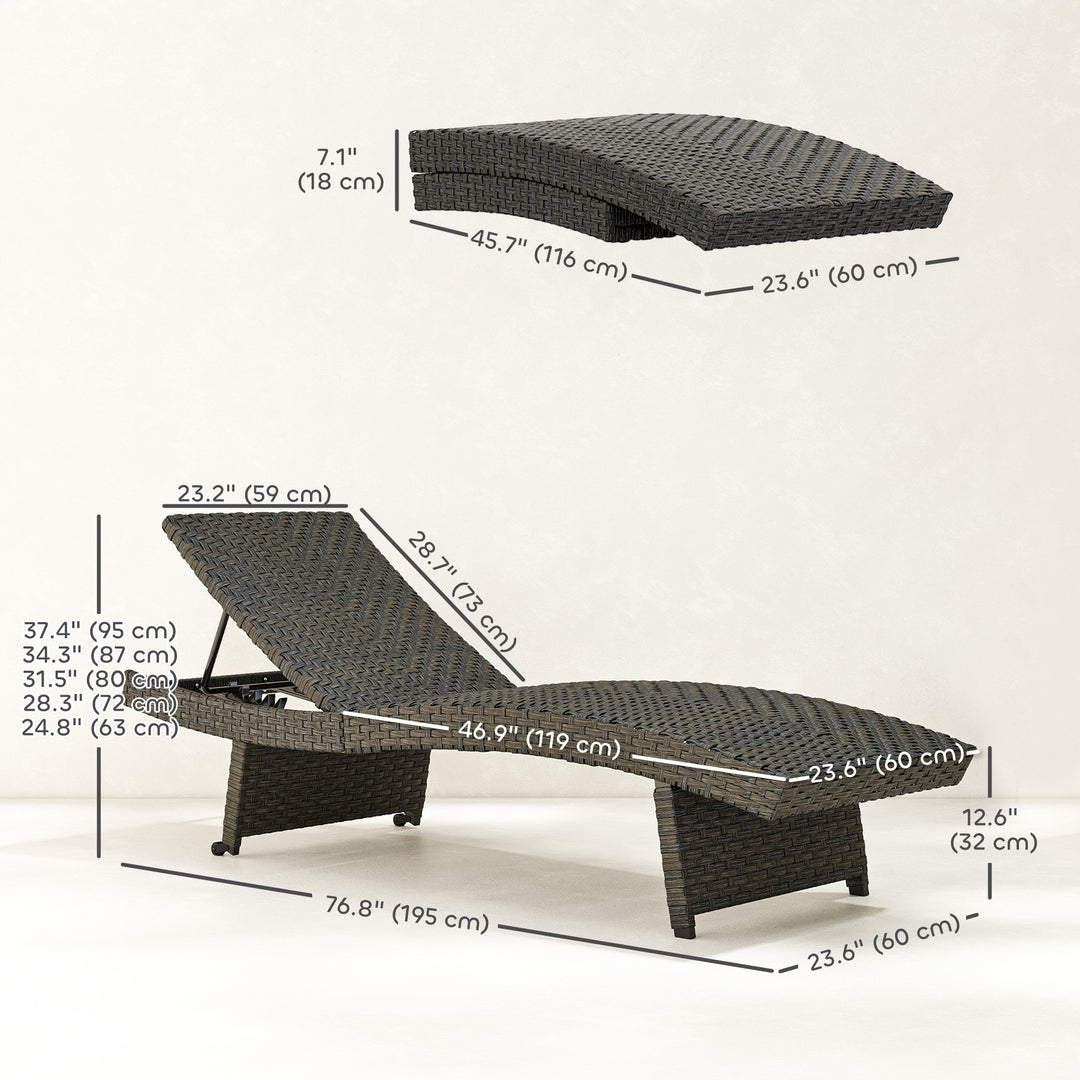 Outsunny Rattan Folding Outdoor Lounger Chair Recliner with 5-Level Adjustable Backrest, Wheels for Garden, Patio, Mixed Brown