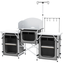 Outsunny Aluminum Camping Kitchen, Portable Folding Camping Table with Fabric Cupboards, Windshield, Bag for BBQ, Picnic, Grey