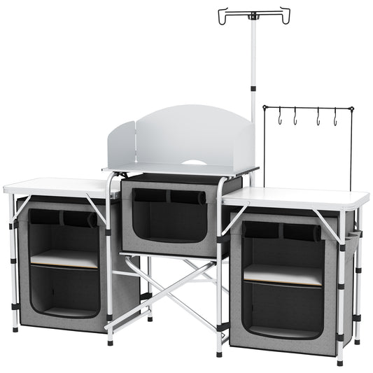 Outsunny Aluminum Camping Kitchen, Portable Folding Camping Table with Fabric Cupboards, Windshield, Bag for BBQ, Picnic, Grey