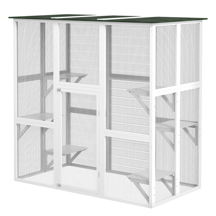 PawHut Large Outdoor Catio Enclosure, Weatherproof Cat House with Asphalt Roof,  Wooden Cat Patio Cage with 6 Balanced Platforms, 71" x 39" x 71", Grey