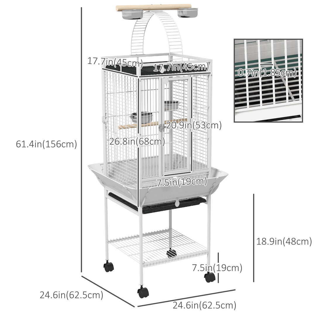 PawHut 61.5 Inch Bird Cage Parakeet House for Cockatiel with Stand, Pull Out Tray, Play Top, Storage Shelf, Wood Perch, Food Container