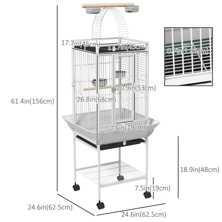 PawHut 61.5 Inch Bird Cage Parakeet House for Cockatiel with Stand, Pull Out Tray, Play Top, Storage Shelf, Wood Perch, Food Container