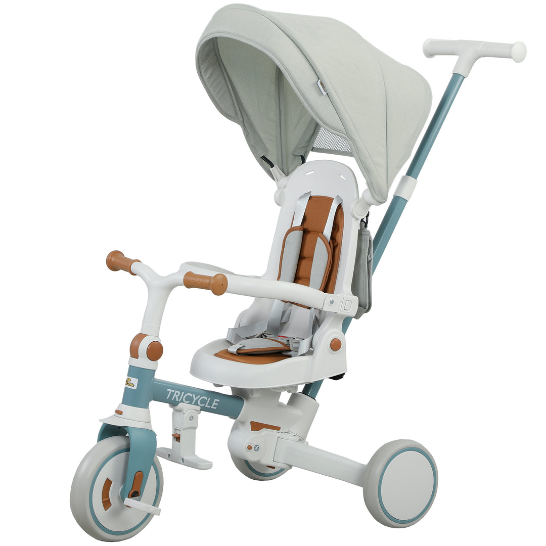 Qaba 7 in 1 Toddler Tricycle with Safety Harness, Adjustable & Removable Parent Handle, Canopy, Storage Bag, Brake, Pink