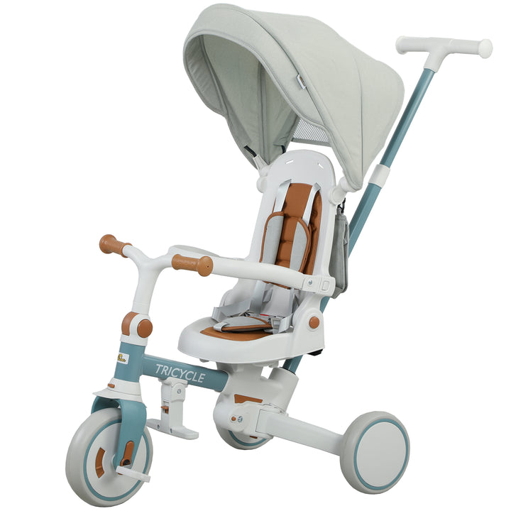 Qaba 7 in 1 Toddler Tricycle with Safety Harness, Adjustable & Removable Parent Handle, Canopy, Storage Bag, Brake, Pink