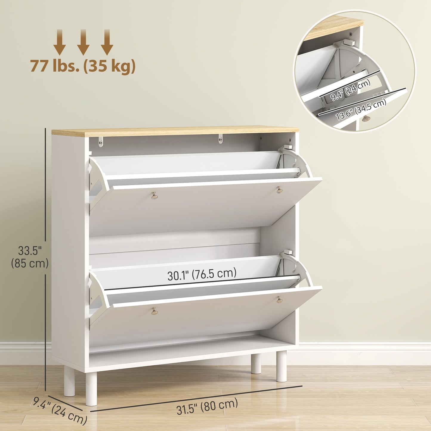 HOMCOM 2 Drawers Shoe Storage Cabinet with Adjustable Shelves for 16 Pairs of Shoes, White
