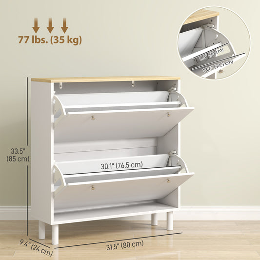HOMCOM 2 Drawers Shoe Storage Cabinet with Adjustable Shelves for 16 Pairs of Shoes, White