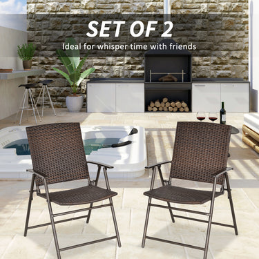 Outsunny Outdoor Wicker Dining Chair Set of 2, 2 Pieces Rattan Foldable Chair with Steel Frame for Garden, Backyard, Porch, Brown