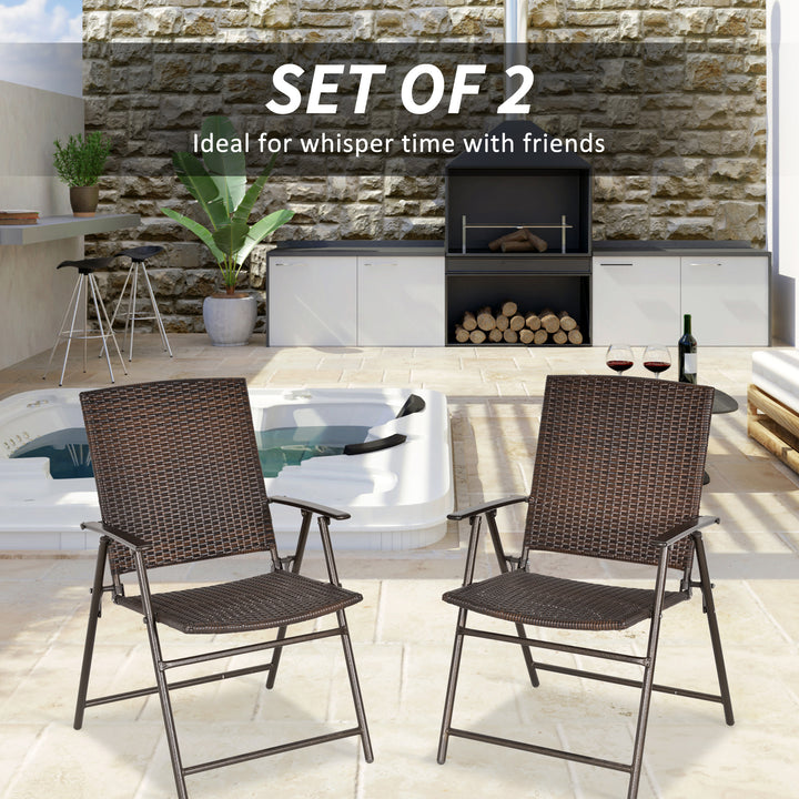 Outsunny Outdoor Wicker Dining Chair Set of 2, 2 Pieces Rattan Foldable Chair with Steel Frame for Garden, Backyard, Porch, Brown