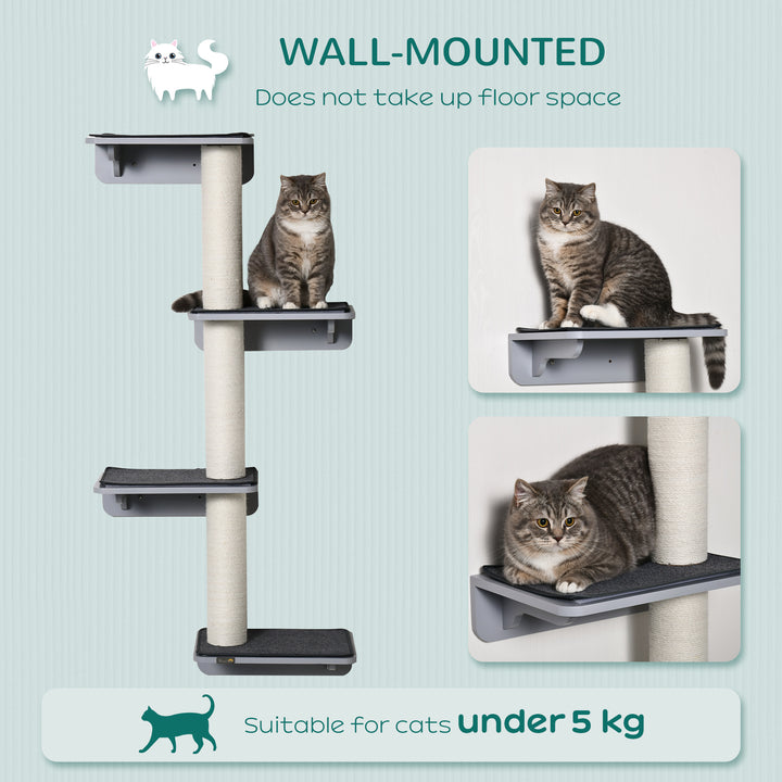 PawHut Wall-Mounted Cat Shelf with 4 Platforms and 3 Scratching Posts, Cat Wall Climber for Climbing and Lounging, Light Grey
