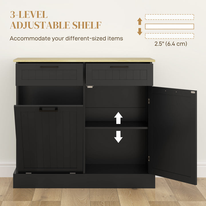 HOMCOM Hidden Garbage Bin Cabinet, Tilt Out Trash Cabinet w/ 2 Drawers, Freestanding Kitchen Island for Laundry, Black