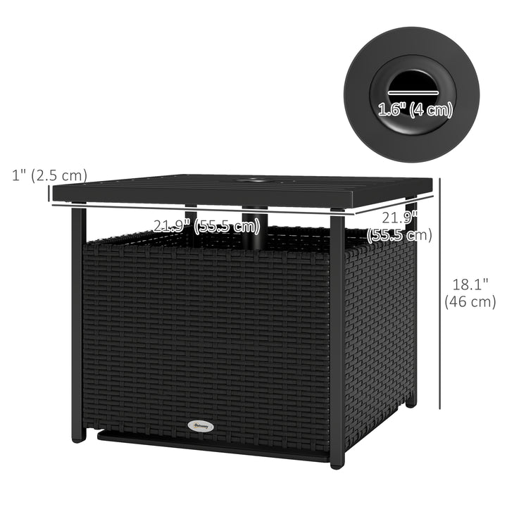 Outsunny 21.75" Outdoor Rattan Wicker Patio Coffee Table with Umbrella Hole, Patio Side Table with Slatted Metal Top, Brown