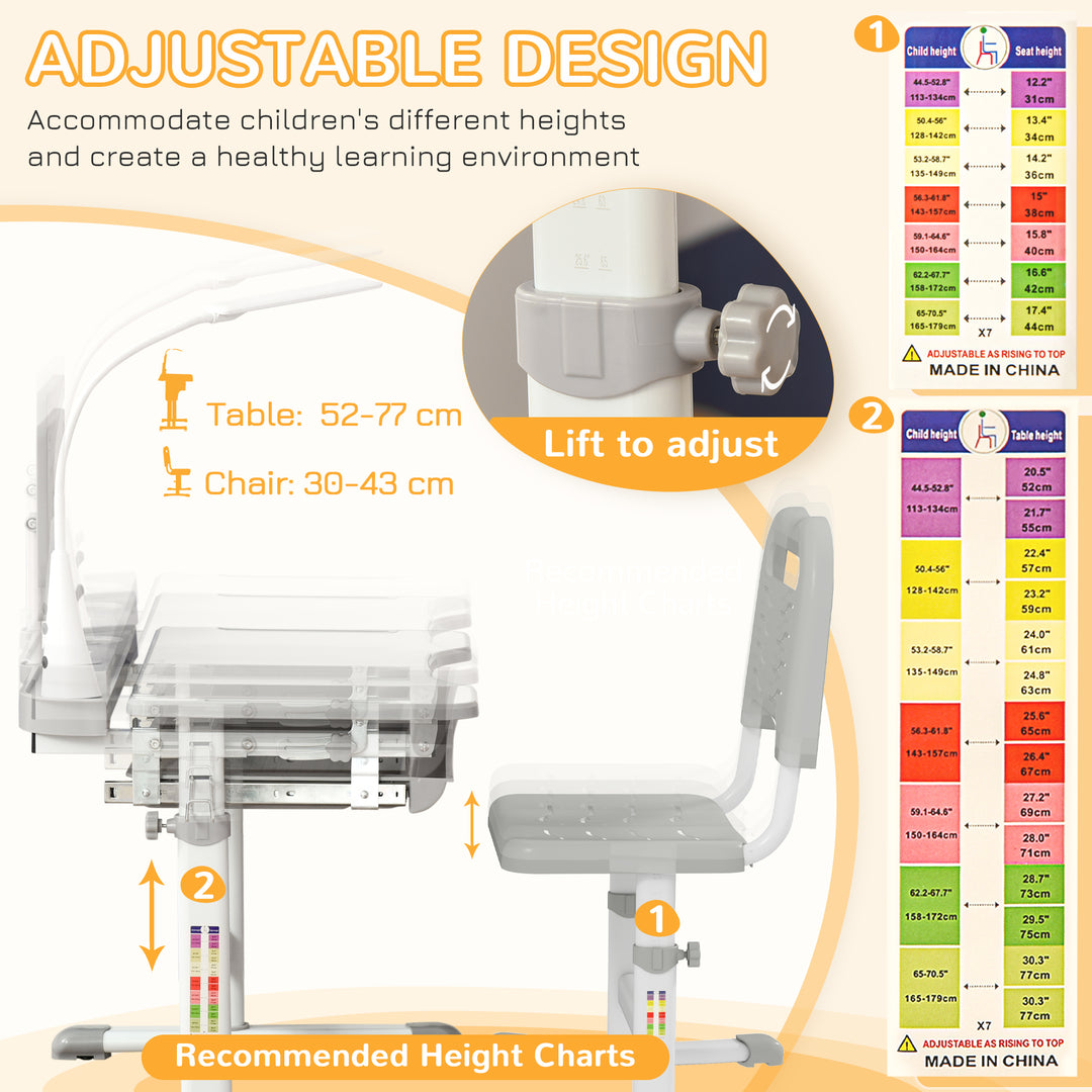 Qaba Kids Desk and Chair Set Height Adjustable Student Writing Desk Children School Study Table with Tilt Desktop, Grey