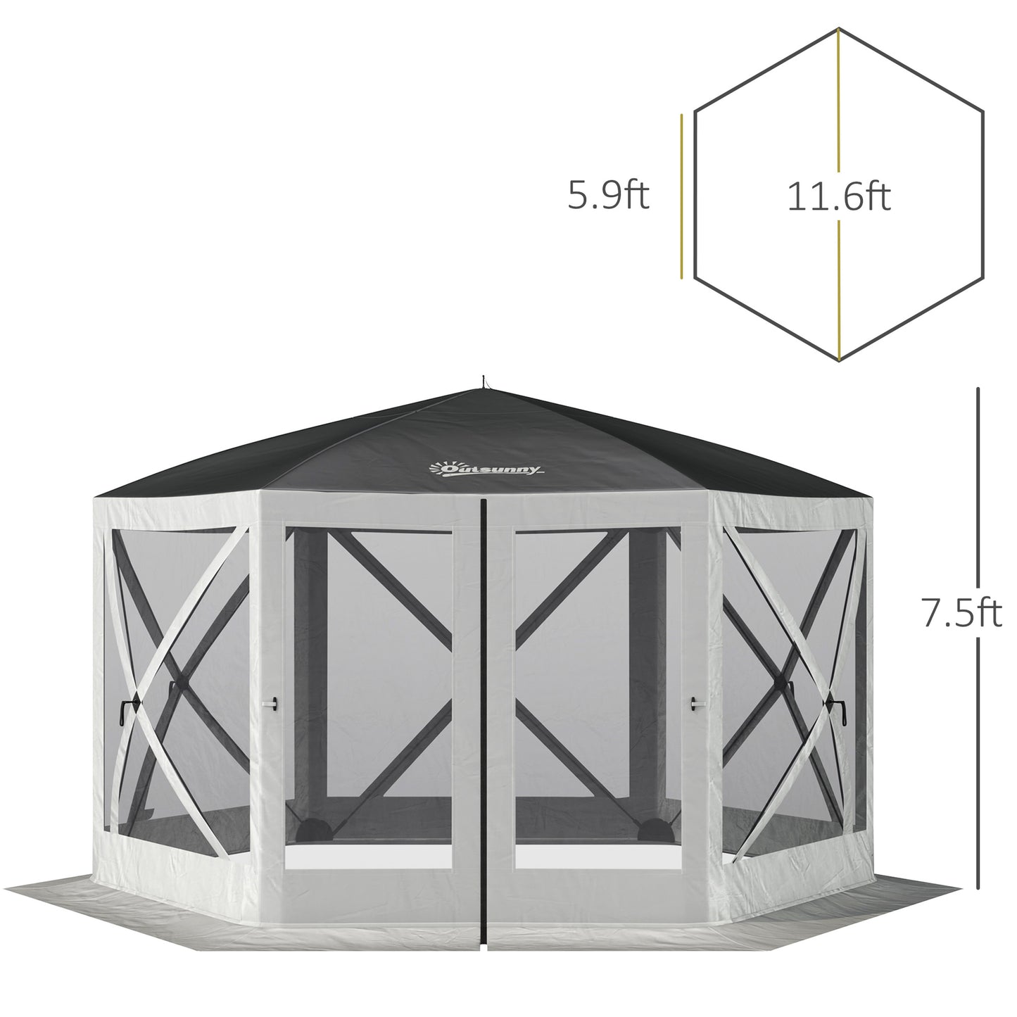 Outsunny 12' x 12' Hexagon Automatic Pop Up Screen Tents Camping Shelter Picnic Canopy Outdoor Sun Shade w/ Mesh Sidewalls and Carry Bag Beige