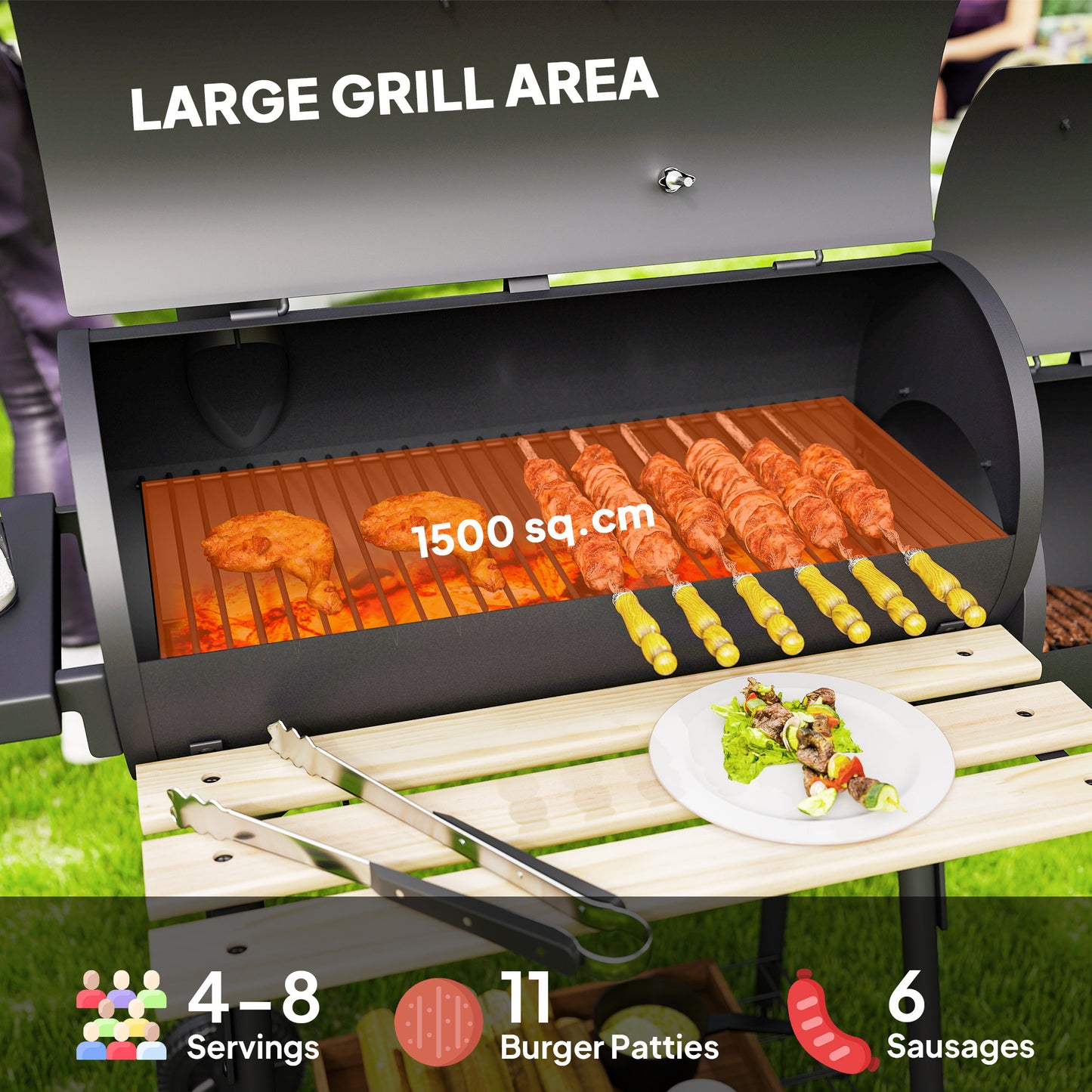 Outsunny 49" Charcoal BBQ Grill with Offset Smoker Portable Backyard Cooking Smoker Outdoor Camp Picnic Barbecue Cooker with Thermometer Wheels and Storage Shelves