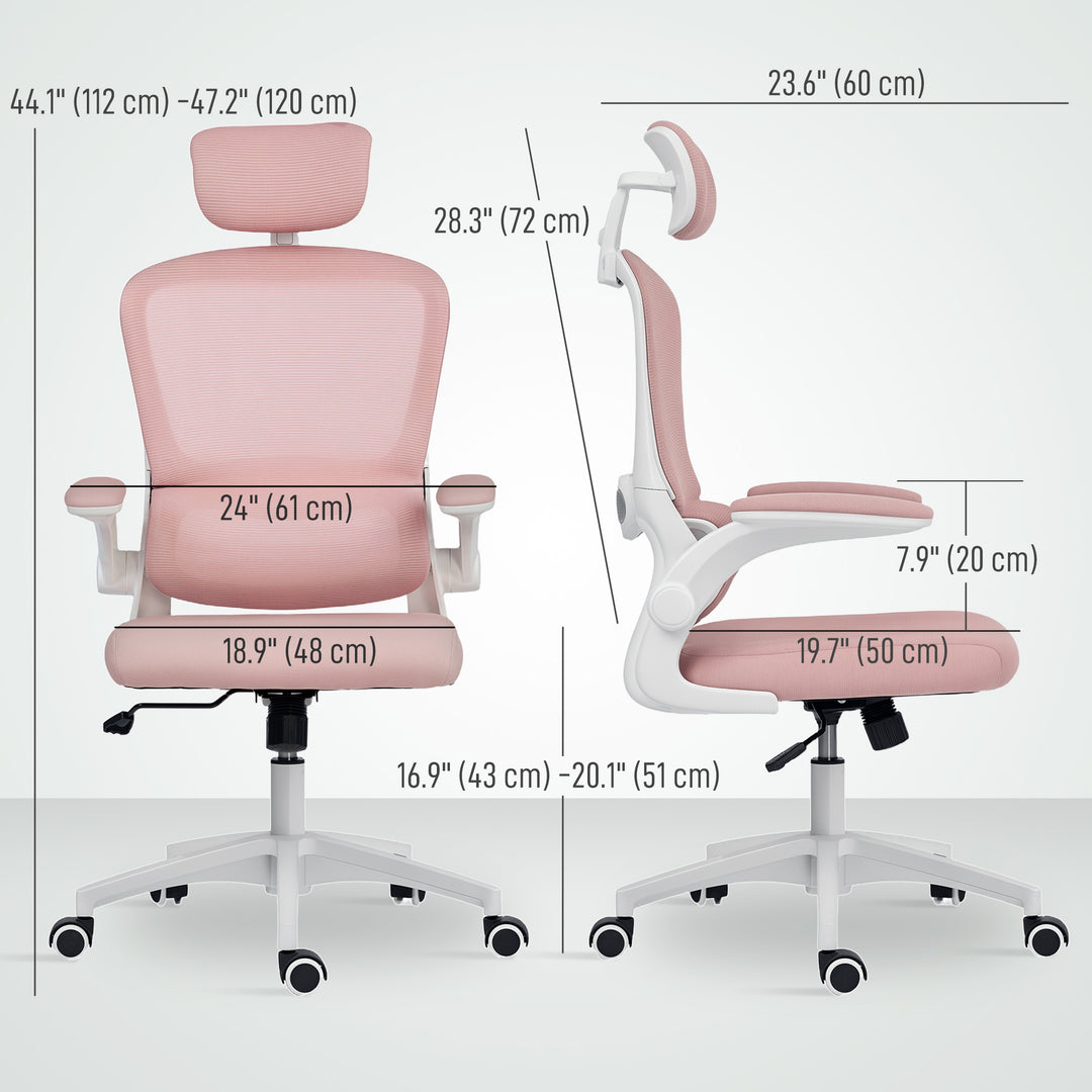 HOMCOM Ergonomic Mesh Office Chair, High Back Desk Chair with Rotatable Headrest, Flip-Up Armrests, Lumbar Support, Grey