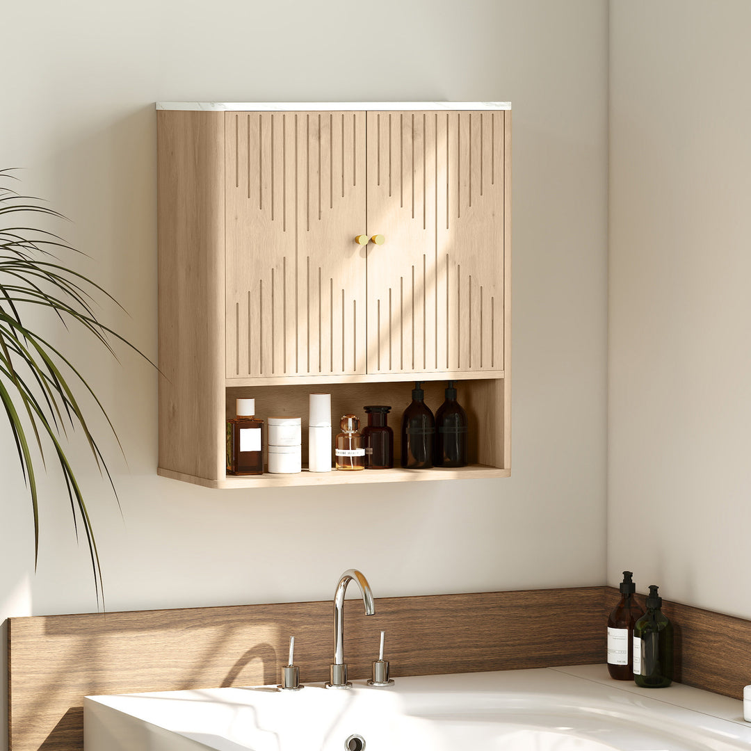HOMCOM Bathroom Wall Cabinet, Wall-Mounted Medicine Cabinet with Adjustable Shelf, Open Shelf and Marble Effect Top, Oak