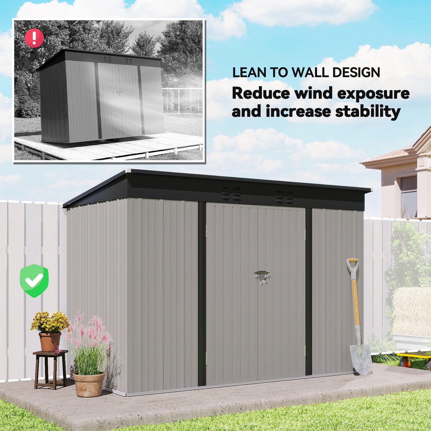 Outsunny 9' x 4' Galvanized Steel Garden Storage Shed with Lockable Doors, Gloves and 2 Air Vents for Backyard, Patio, Lawn