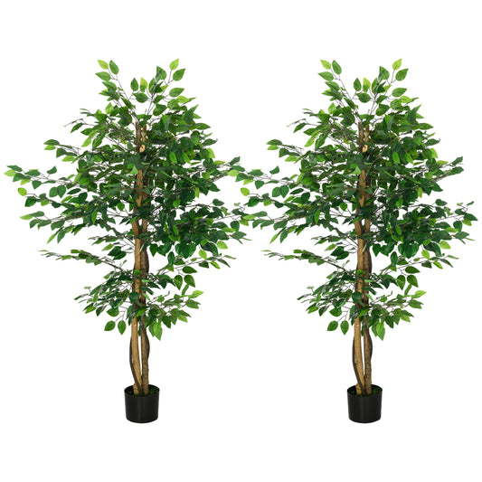 HOMCOM Set of 2 5ft Artificial Trees Ficus, Indoor Fake Plants with Pot, for Home Decor