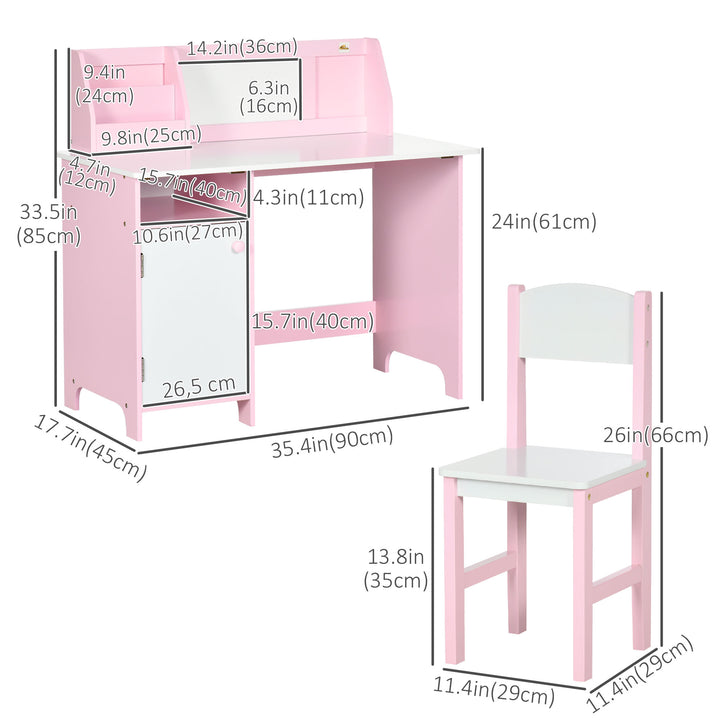 Qaba 2Pcs Kids Desk and Chair Set with Whiteboard, Storage, Shelves, Pink