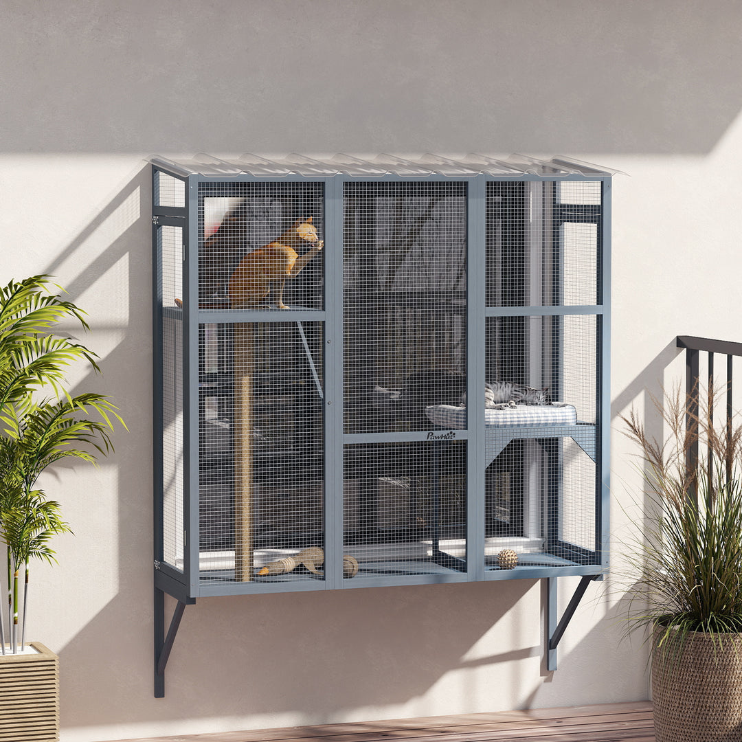 PawHut Wooden Catio Outdoor, Cat Window Box Enclosure for 2-3 Large Cats with 2 Jumping Platforms & Scratching Post, Grey