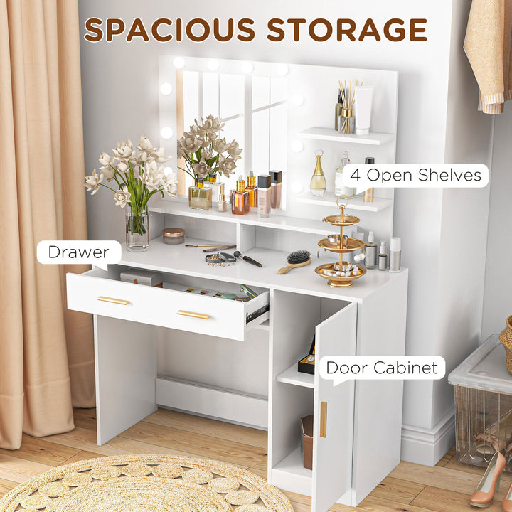 HOMCOM Illuminated Dressing Table Set, LED Vanity Table Set with Stool, LED Mirror, Drawer and Cabinet Shelves for Bedroom