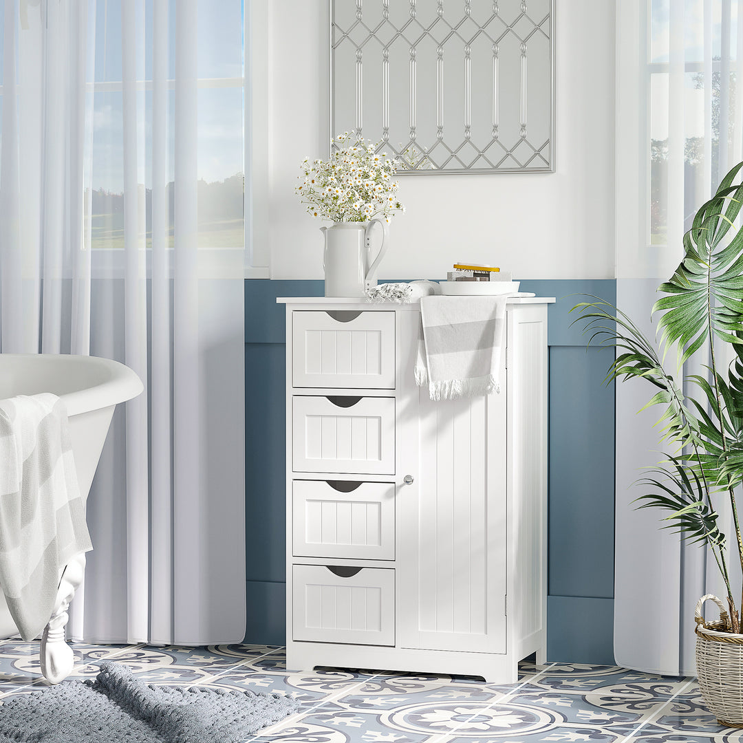 kleankin Bathroom Storage Cabinet, Floor Cabinet with Adjustable Shelf and 4 Drawers, Side Cabinet for Washroom, White