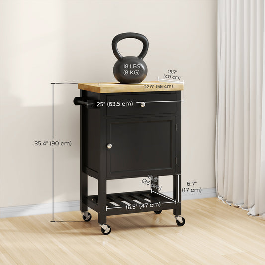 HOMCOM Kitchen Island on Wheels, Rolling Kitchen Cart with Wood Top, Towel Rack, Drawer and Shelf for Dining Area, Black