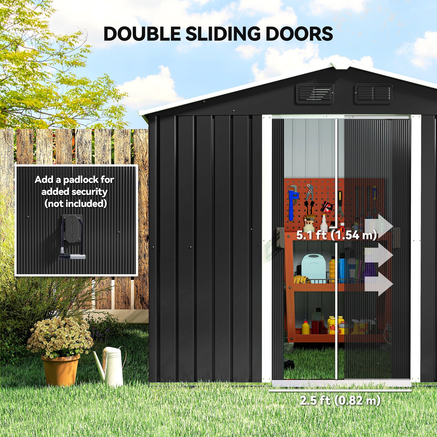 Outsunny 8' x 6' Outdoor Storage Shed, Metal Garden Tool Storage House with Lockable Sliding Doors and Vents for Backyard Patio Lawn, Charcoal Grey