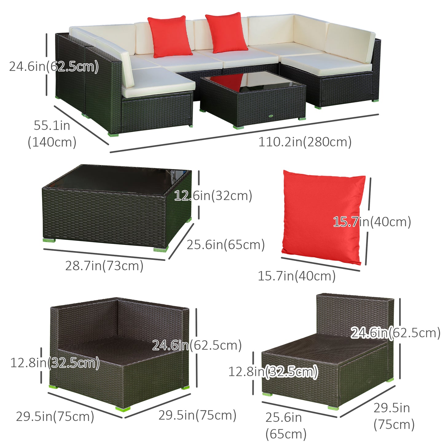 Outsunny 7pcs Garden Wicker Sectional Set w/ Tea Table Patio Rattan Lounge Sofa with Cushion for Outdoor Deck Orange