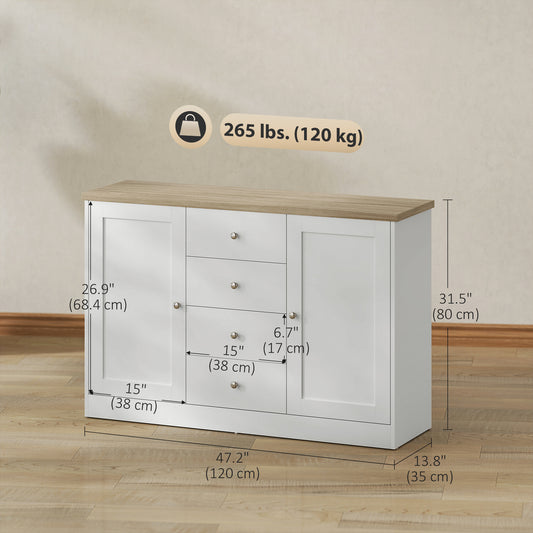 HOMCOM Country Style Sideboard Buffet Cabinet, Coffee Bar Cabinet with Adjustable Shelf, 2 Shaker Doors and 4 Drawers, White