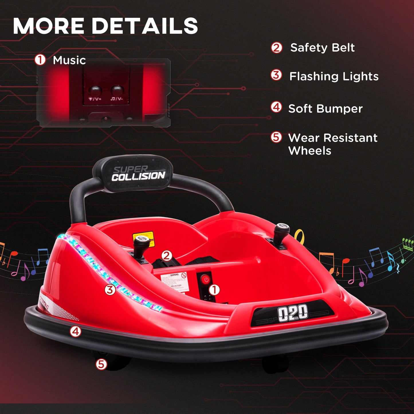 Aosom 12V Kids Bumper Car, 360Â° Rotation Electric Ride On Car, Twins Motor Battery Powered Toy, w/ Parent Remote Control, Safety Belt, Colorful LED Lights,, Red