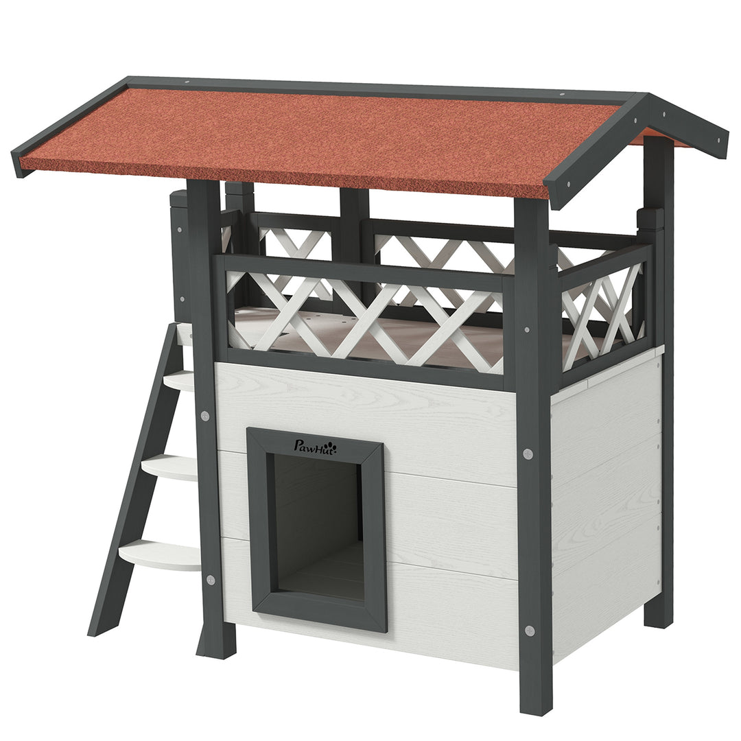 PawHut Wooden 2-Story Shelter for Feral Cats with Asphalt Roof, Stairs, Balcony, 30" x 20" x 29", White