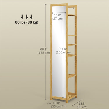 HOMCOM 66" x 14" Standing Mirror with 6-Tier Shelf, Floor Mirror Full Body Mirror for Bathroom, Living Room, Nature Wood