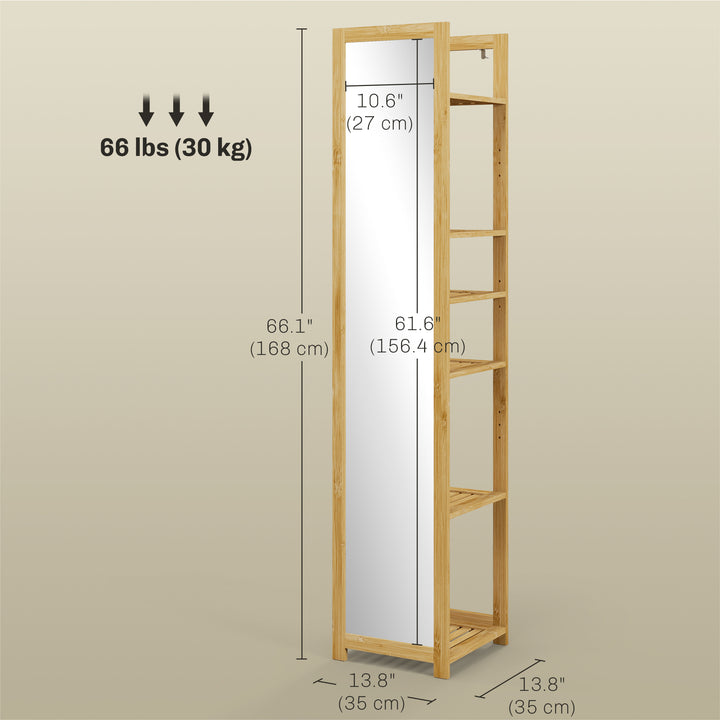 HOMCOM 66" x 14" Standing Mirror with 6-Tier Shelf, Floor Mirror Full Body Mirror for Bathroom, Living Room, Nature Wood