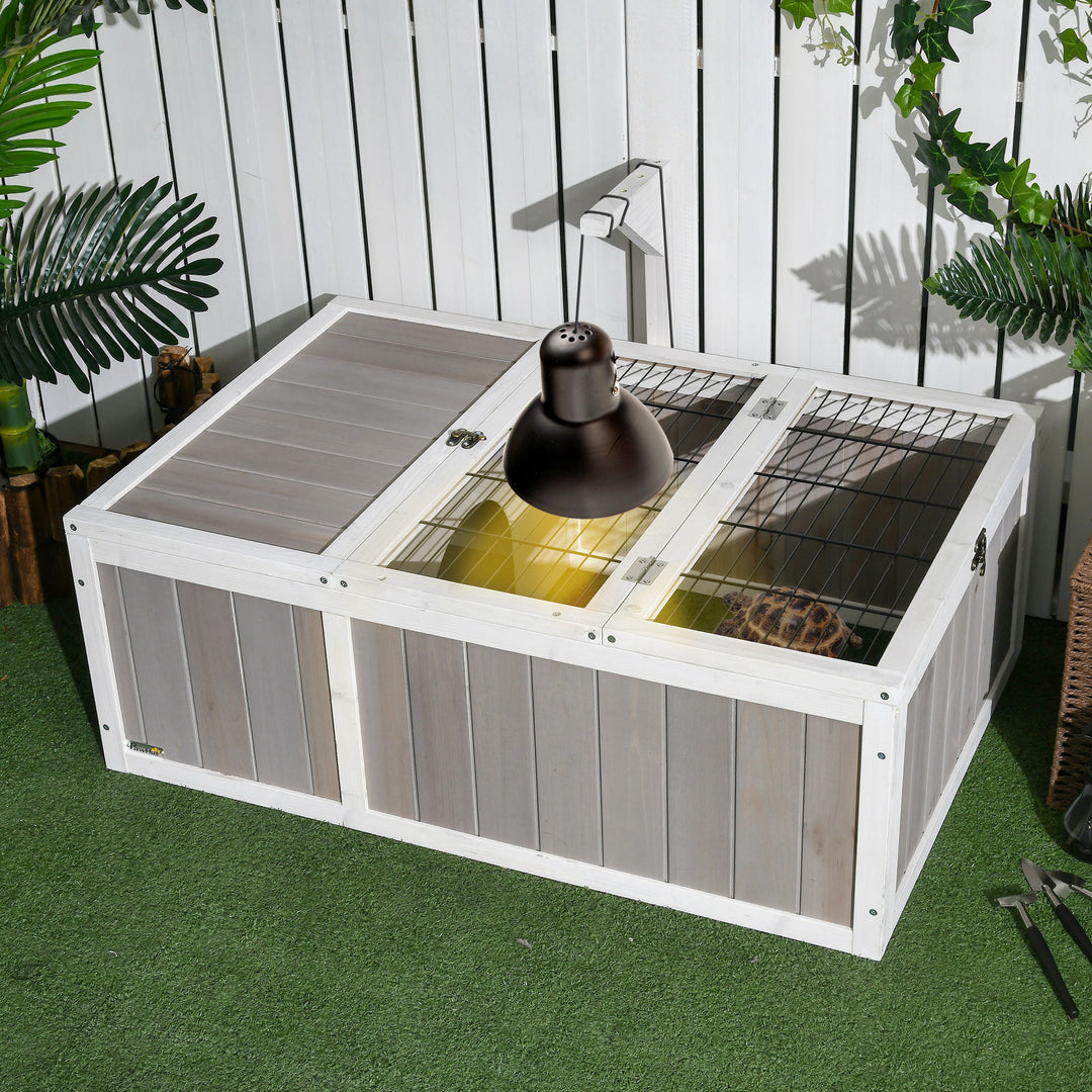 PawHut Wooden Tortoise Habitat with Openable Top, Run Cage, Two Rooms, Grey