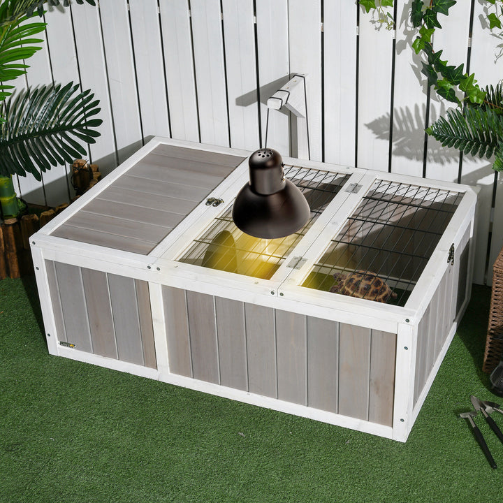 PawHut Wooden Tortoise Habitat with Openable Top, Run Cage, Two Rooms, Grey