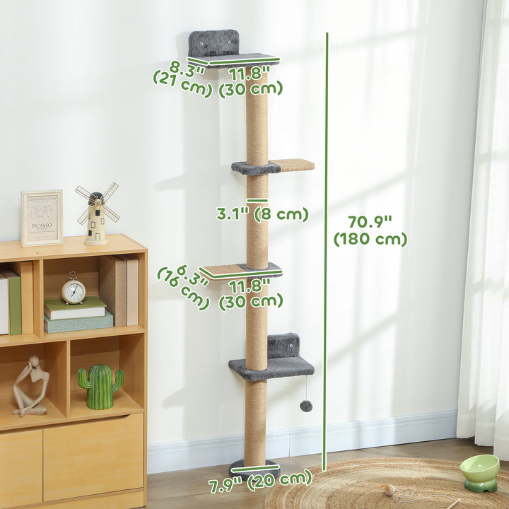 PawHut Cat Wall Shelves, Cat Wall Furniture with 4 Platforms, Jute Scratching Post for Indoor Playing, Climbing, Dark Grey