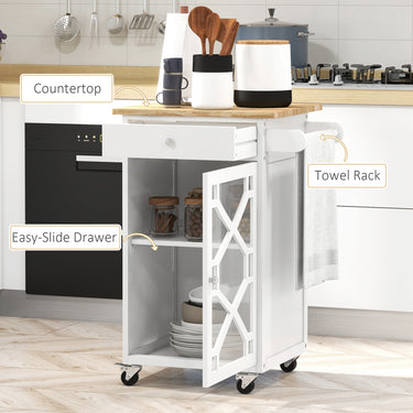 HOMCOM Kitchen Cart on Wheels, Rolling Kitchen Island with Drawer, Glass Door, Towel Rack and Adjustable Shelf, White