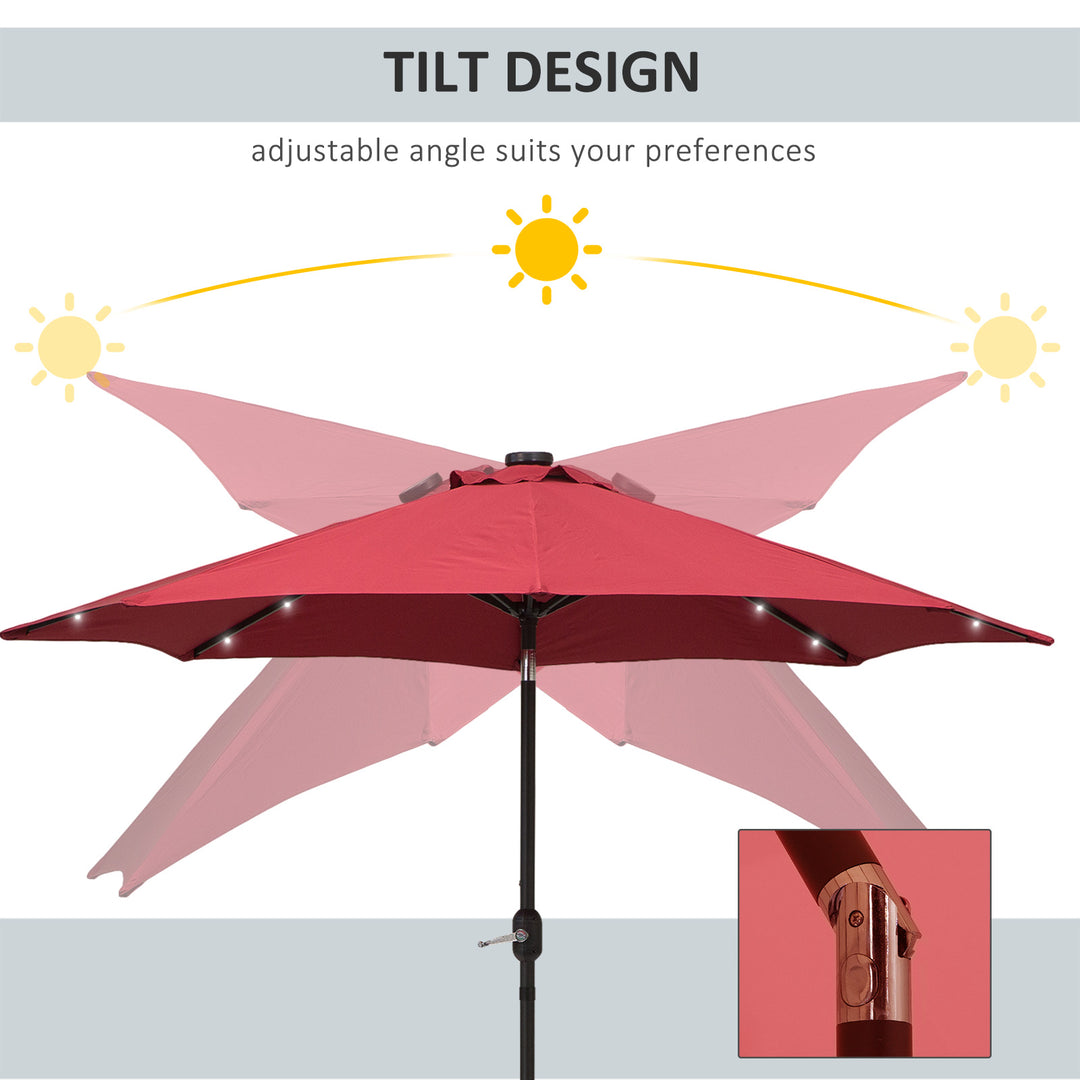 Outsunny 9ft Solar Patio Umbrella Outdoor Sunshade 24 LED Lights Tilt Canopy, Wine Red