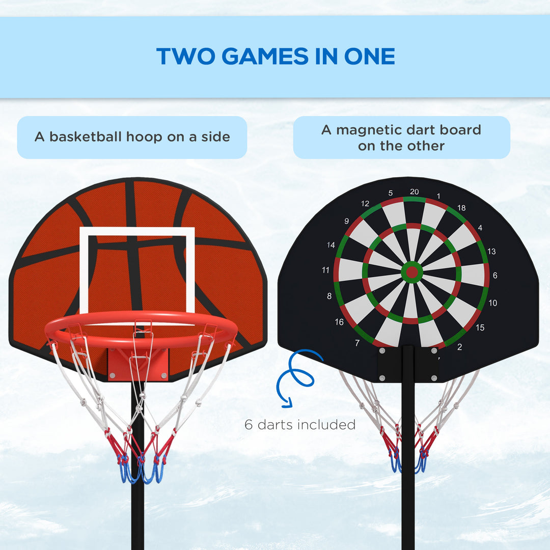 Soozier 3-5ft Basketball Hoop and Stand with Magenic Dartboard and Darts, 15" Backboard, Weighted Base for Teens Youth