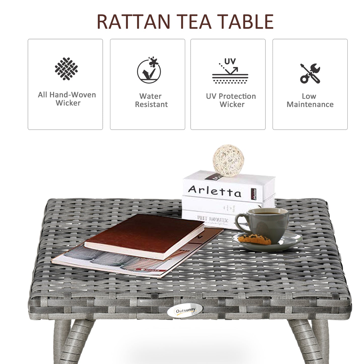 Outsunny 18" Rattan Coffee Table Outdoor Side Table Patio Wicker Furniture, Small Square with All-Weather PE for Garden, Balcony, Backyard, Poolside, Grey