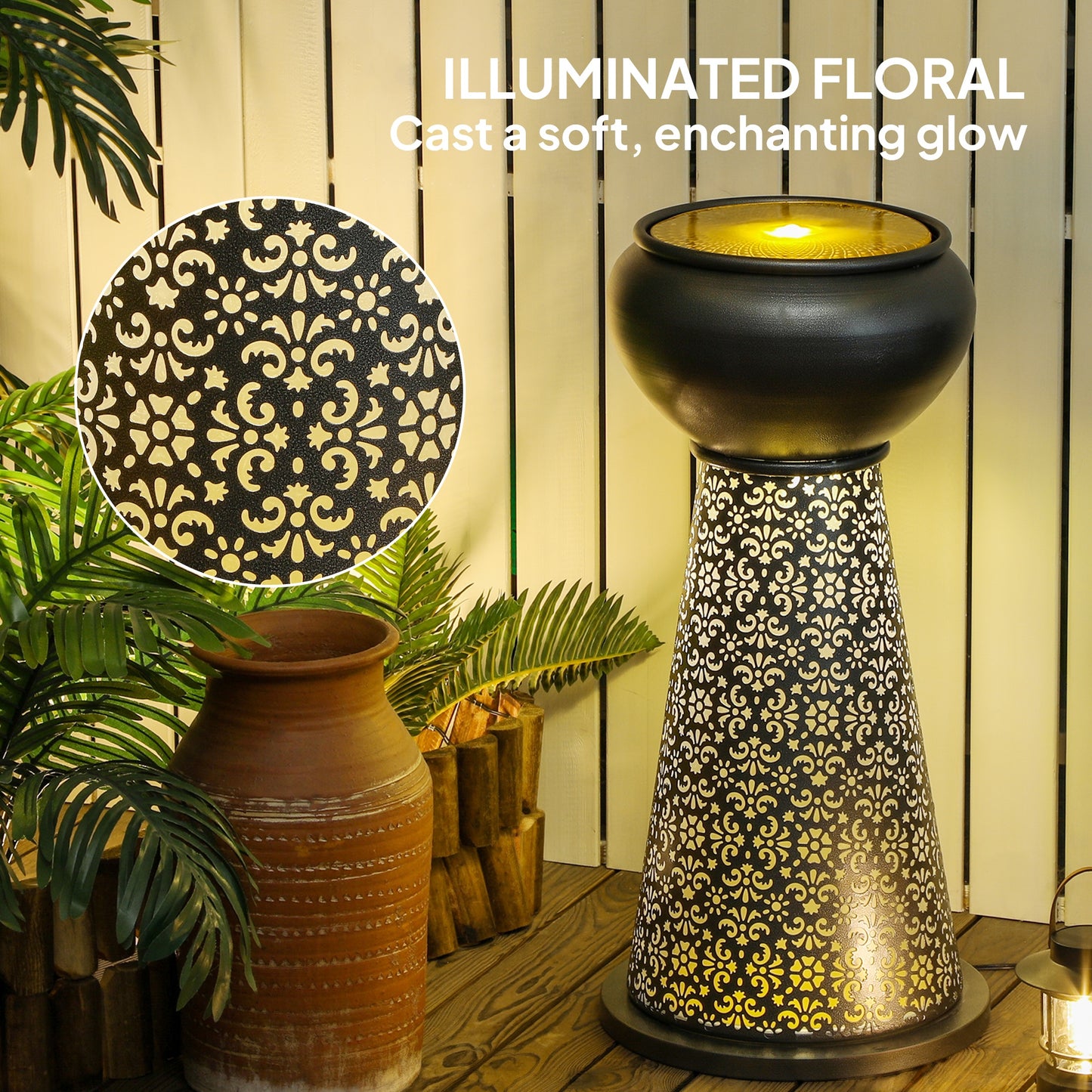 Outsunny 28" Tall Outdoor Water Fountain with LED Lights, Bowl Garden Waterfall Fountain with Adjustable Flow, Outdoor Water Feature with Cut-out Floral Base, Dark Grey and Yellow