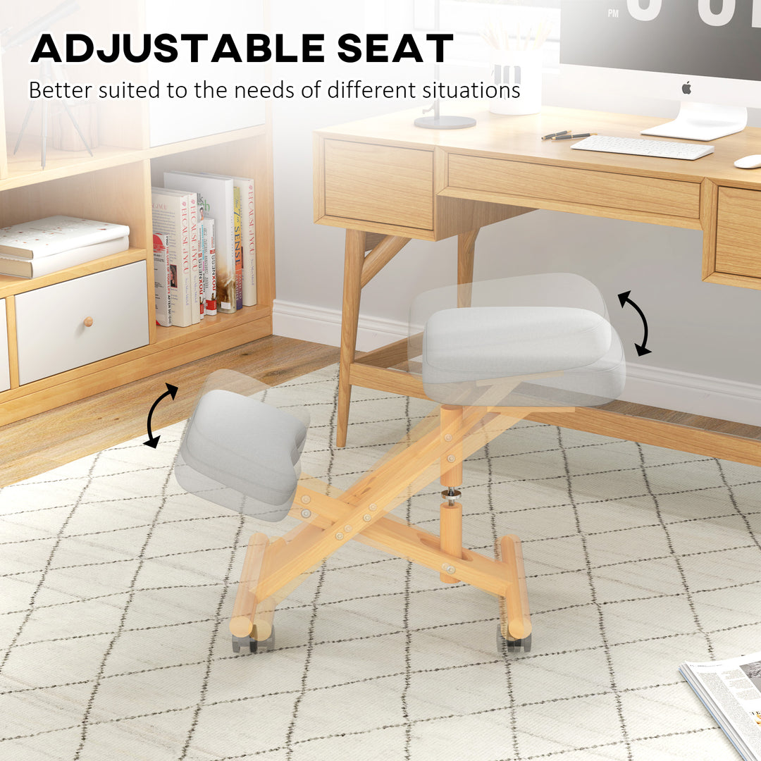 HOMCOM Ergonomic Kneeling Chair, Posture Chair with Rubberwood Frame, Wheels for Home Office, Posture Correction, Cream White