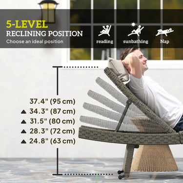 Outsunny Rattan Folding Outdoor Lounger Chair Recliner with 5-Level Adjustable Backrest, Wheels for Garden, Patio, Mixed Grey