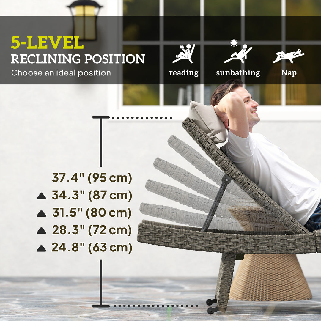 Outsunny Rattan Folding Outdoor Lounger Chair Recliner with 5-Level Adjustable Backrest, Wheels for Garden, Patio, Mixed Grey