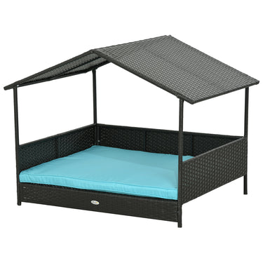 PawHut Outdoor Dog House Wicker Dog Bed with Soft Cushion Washable Cover, for Medium Large Dogs Indoor Outdoor, Blue
